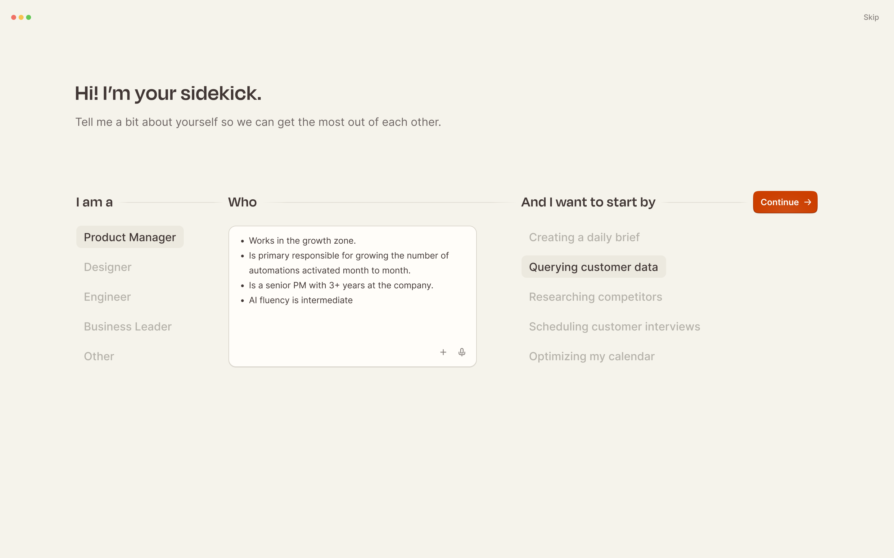 A conversational onboarding flow asking about role, context, and desired outcomes