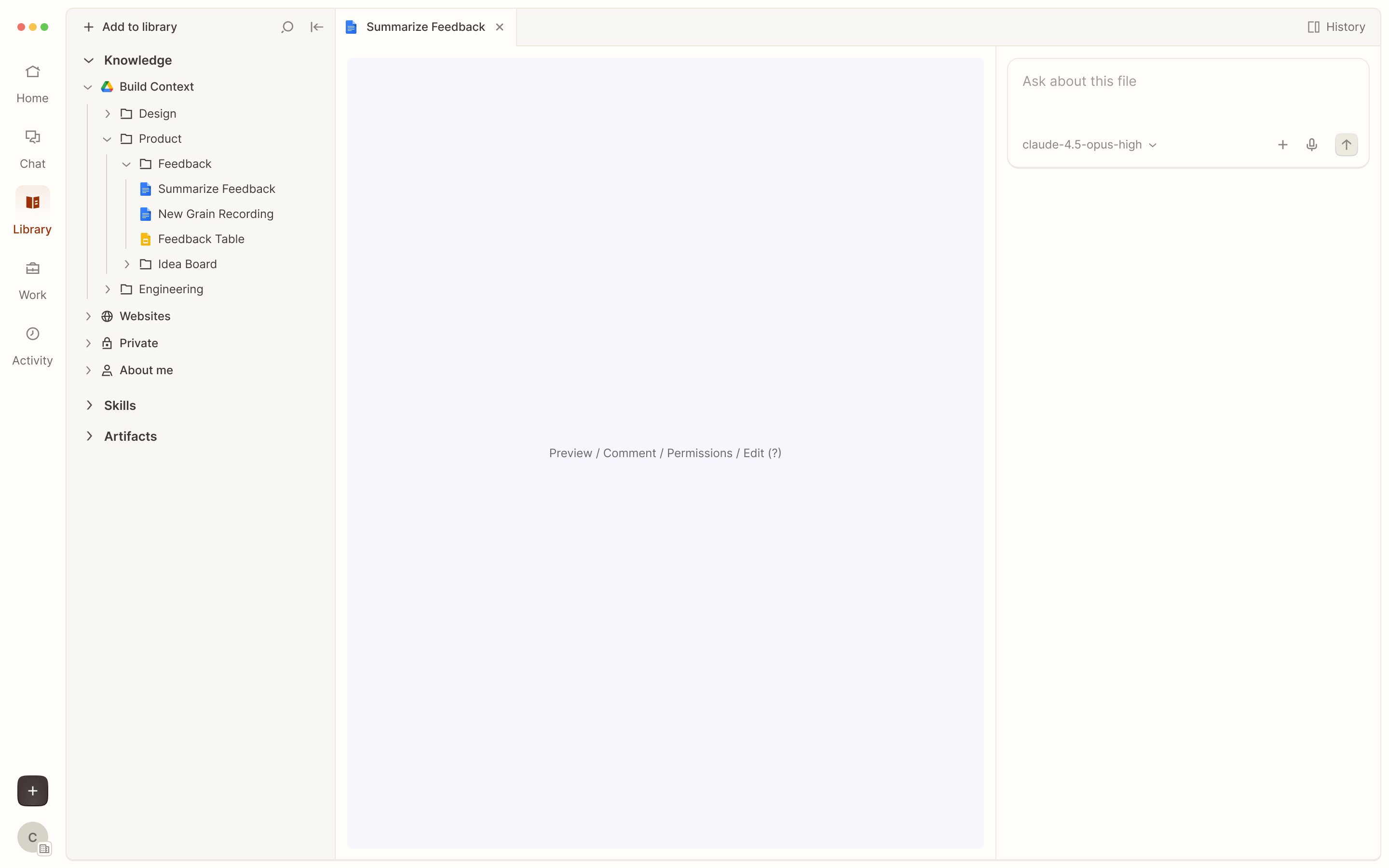 A file workspace with document content and a contextual AI panel