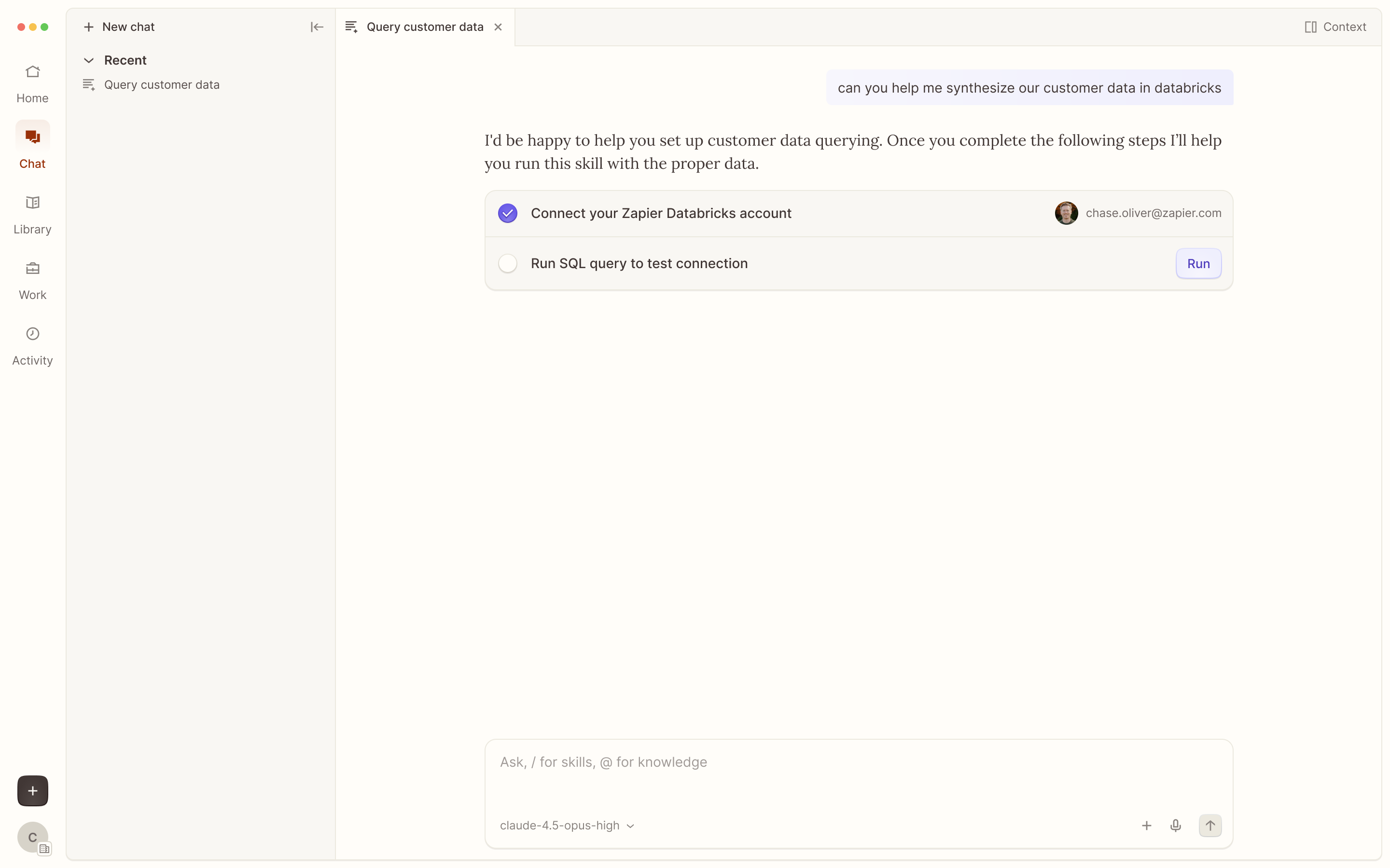 The AI companion asking to connect a data source before running an automation