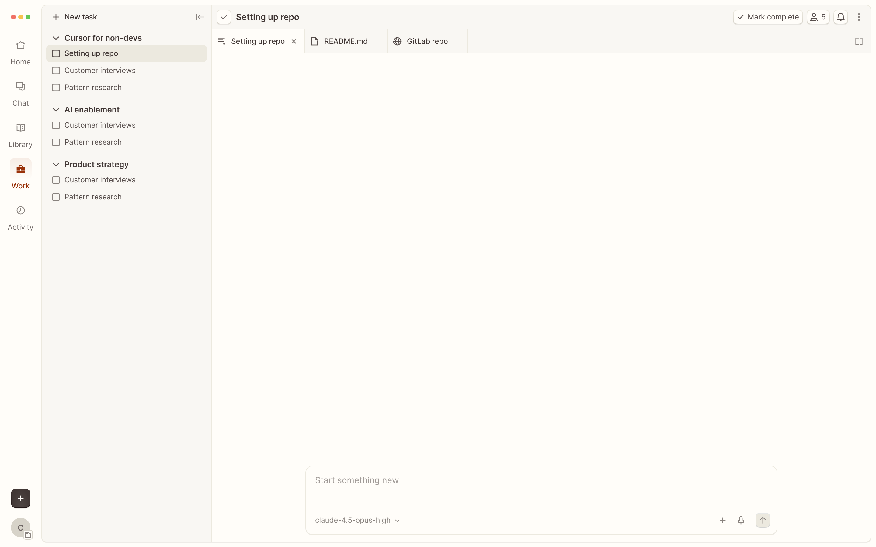 A work area containing research documents and an AI prompt composer