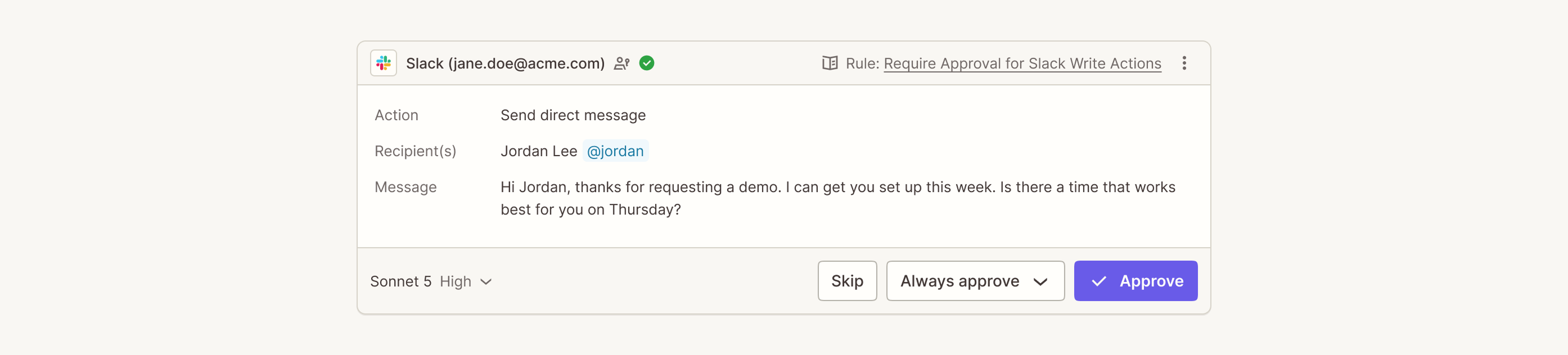 An approval card for reviewing an AI-generated Slack message before sending