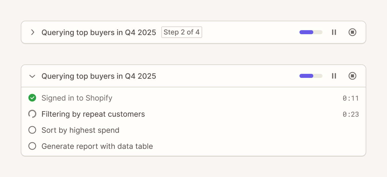 Collapsed and expanded AI task checklists showing progress through a multi-step request