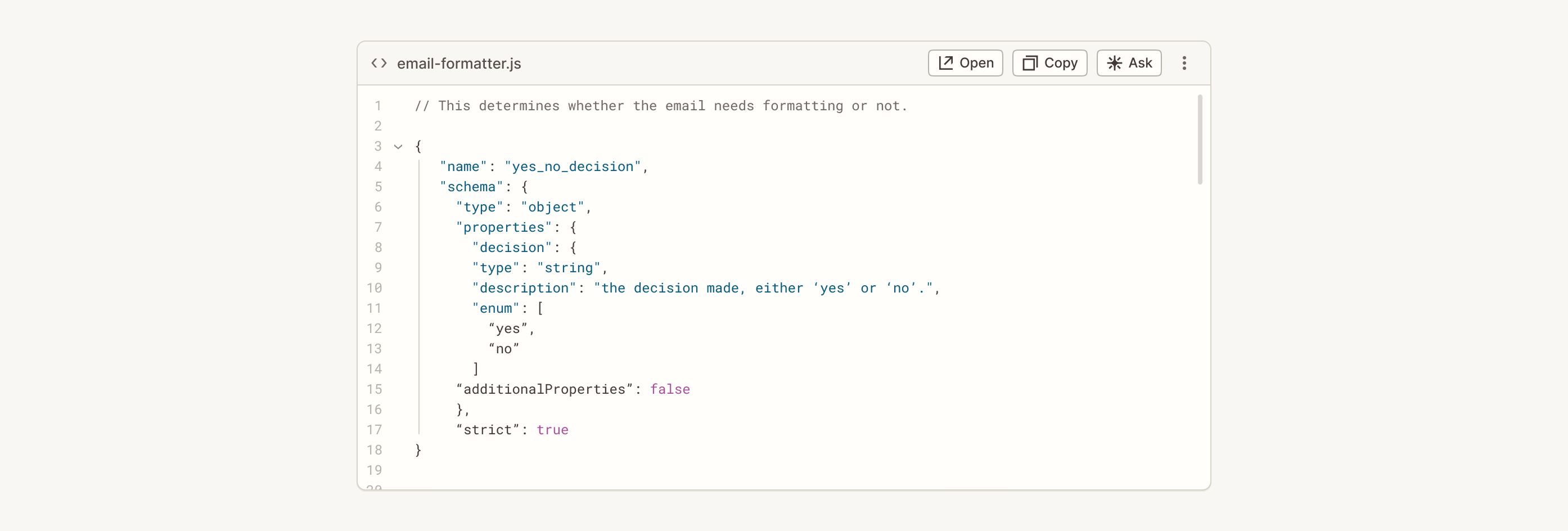 A generated code block with controls to open, copy, or ask for changes