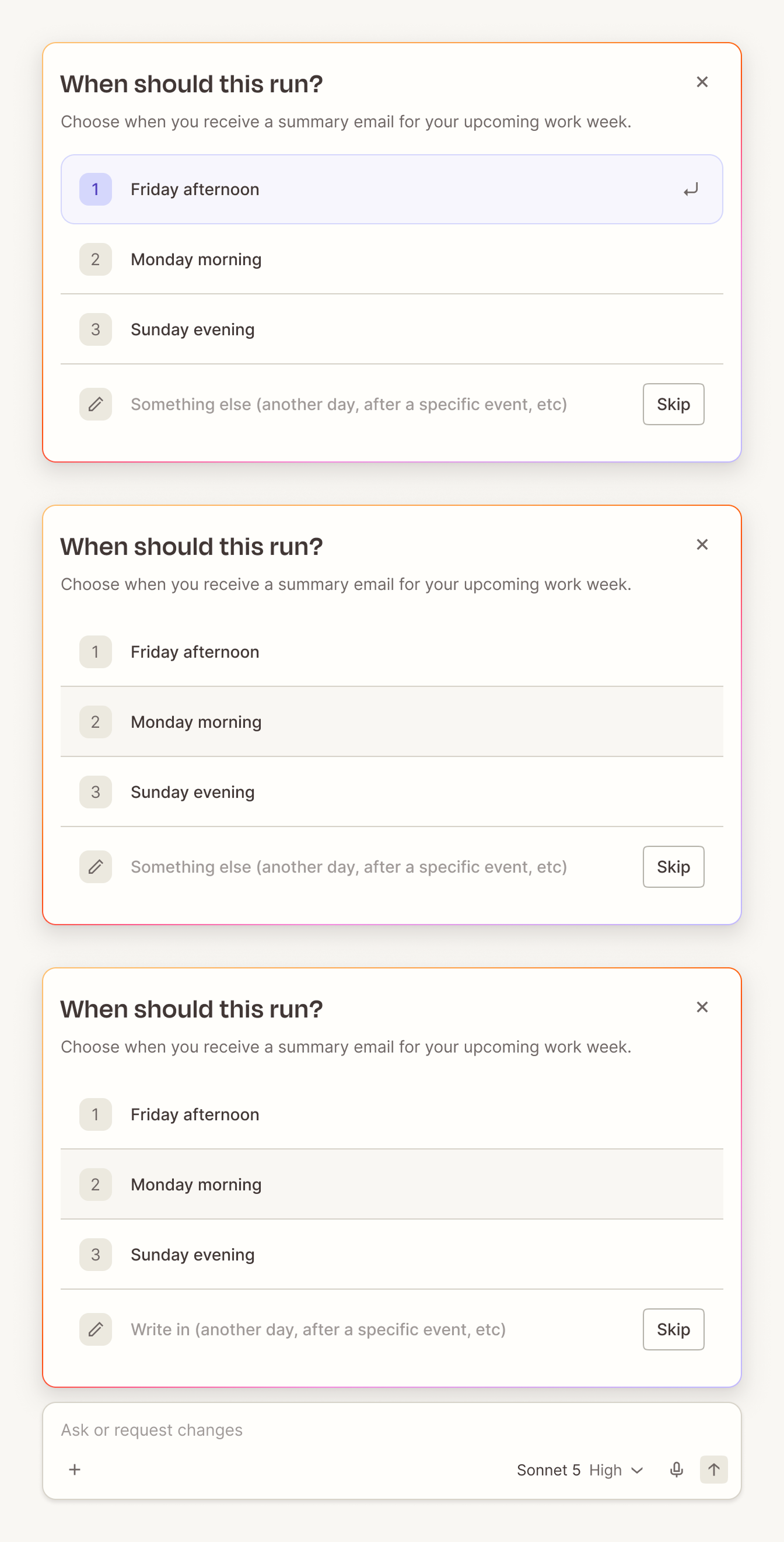 A questionnaire pattern with single-select, multi-select, skip, and freeform responses