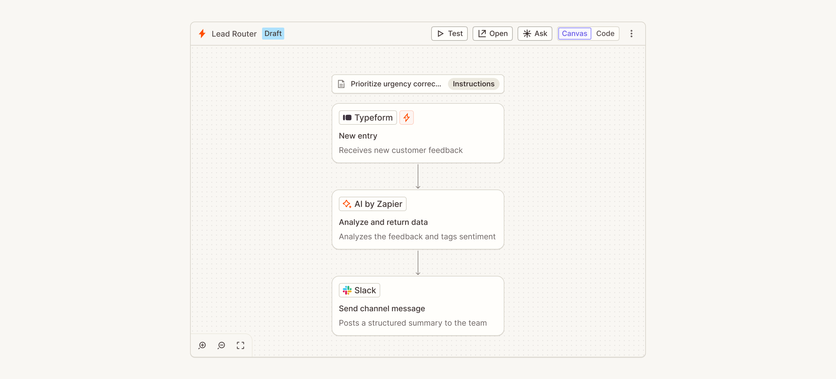 A workflow containing an AI step with inline instructions and controls