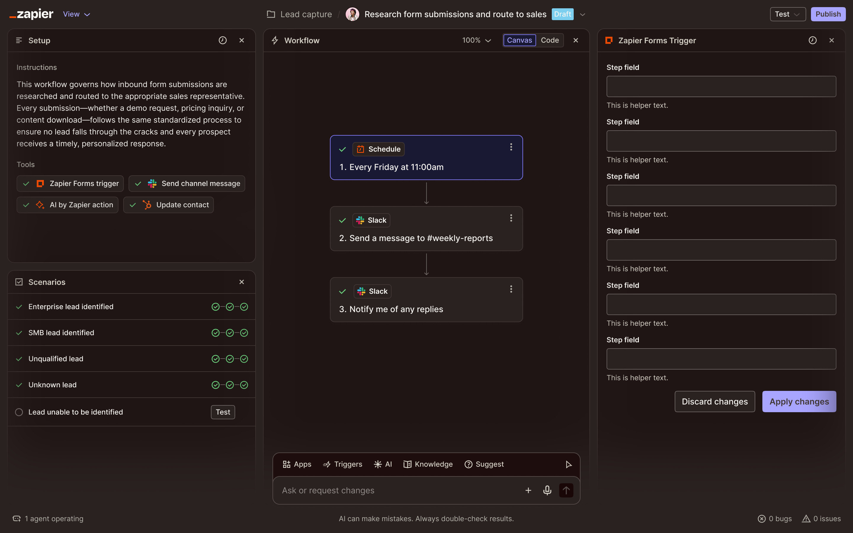 Zapier's automation builder displayed in dark mode